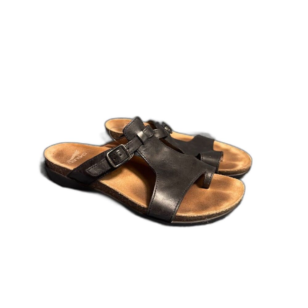 Dankso Demi Sandals Black Leather Toe Loop Travel Comfort Sz 7.5/38 Flat Walking